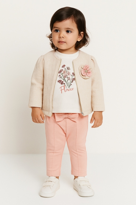 Детски комплект за момиче с дълъг ръкав от 3 части, розов цвят 