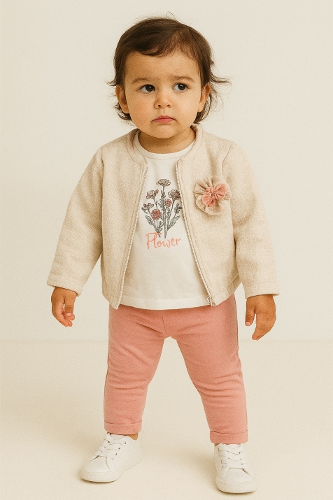 Детски комплект за момиче с дълъг ръкав от 3 части, тъмно розов цвят 