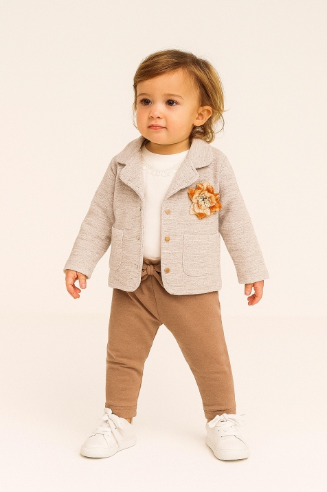 Детски комплект за момиче с дълъг ръкав от 3 части, бежов цвят