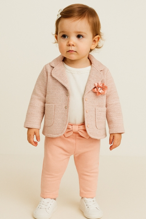 Детски комплект за момиче с дълъг ръкав от 3 части, розов цвят