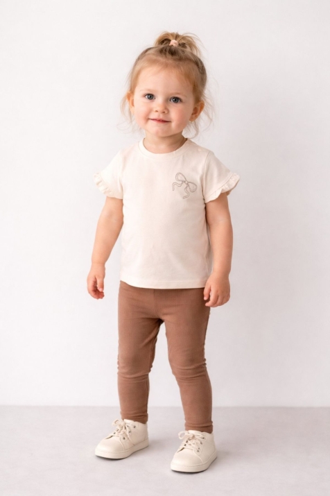 Детски комплект за момиче с къс ръкав, кафяв цвят