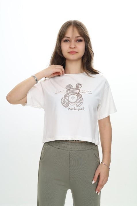 Детска тениска за момиче, цвят екрю