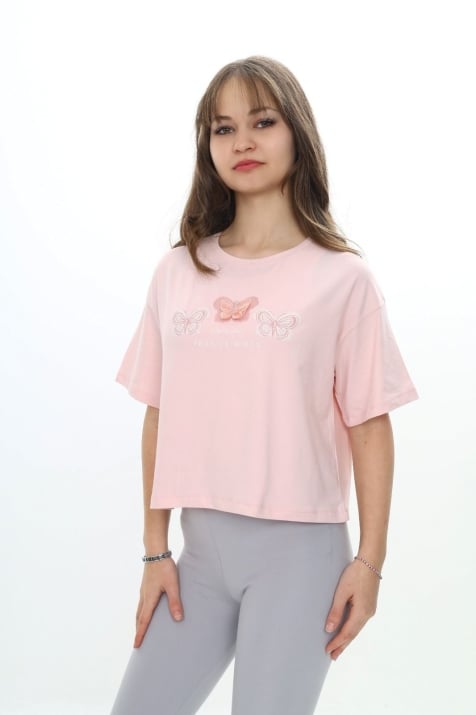 Детска тениска момиче с пеперуди, розов цвят