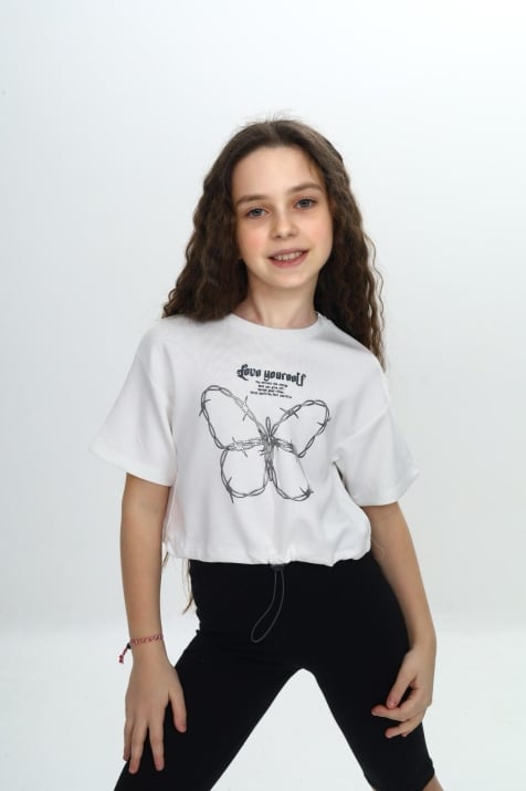 Детска тениска за момиче, цвят екрю