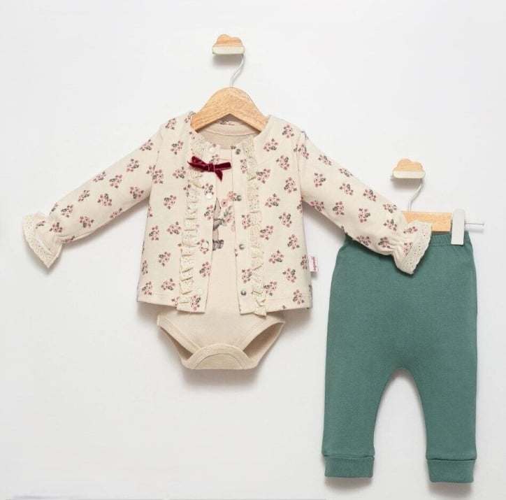 Детски комплект за момиче с дълъг ръкав от 3 части, зелен цвят