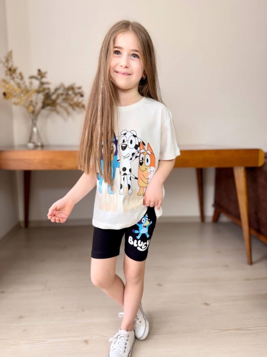 Детски комплект за момиче с къс ръкав Bluey, цвят екрю