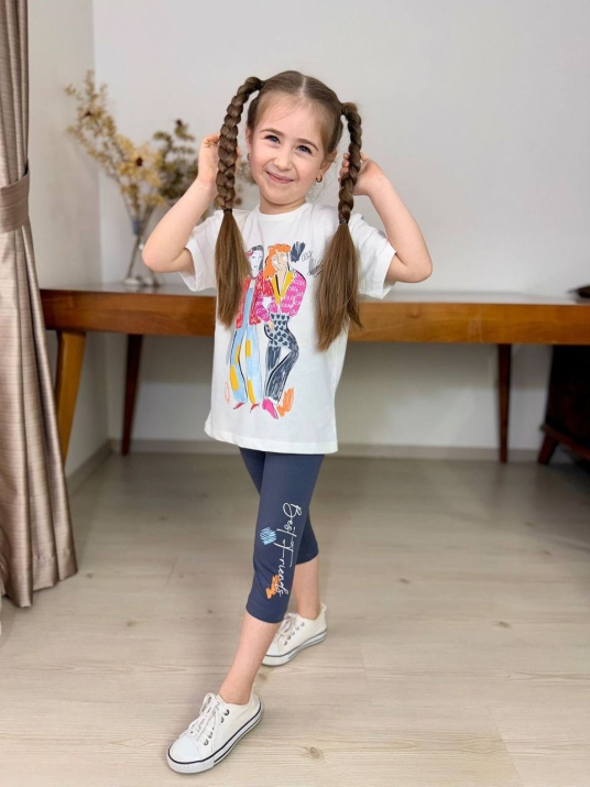 Детски комплект за момиче с къс ръкав, цвят екрю