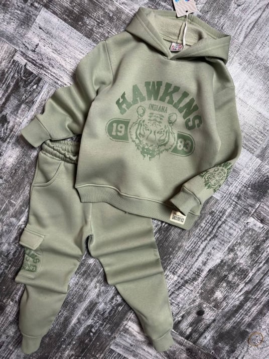 Детски комплект момче дълъг ръкав вата ,в зелен  цвят