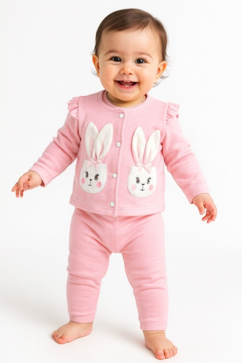 Бебешки комплект за момиче с дълъг ръкав 3 части, розов цвят