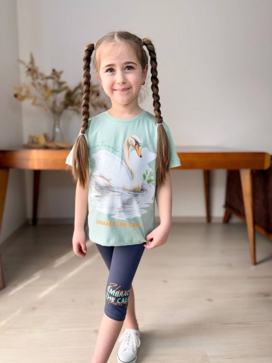 Детски комплект за момиче с къс ръкав, зелен цвят