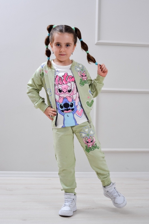 Детски комплект за момиче с дълъг ръкав 3 части, зелен цвят