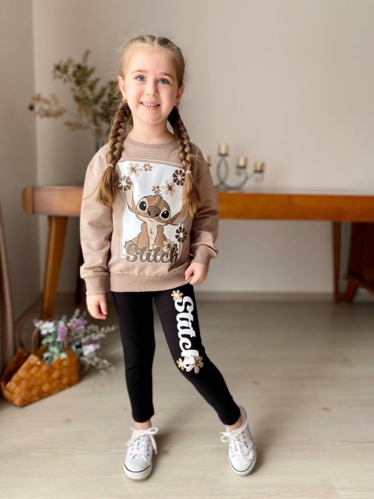 Детски комплект момиче дълъг ръкав Stitch , кафяв цвят