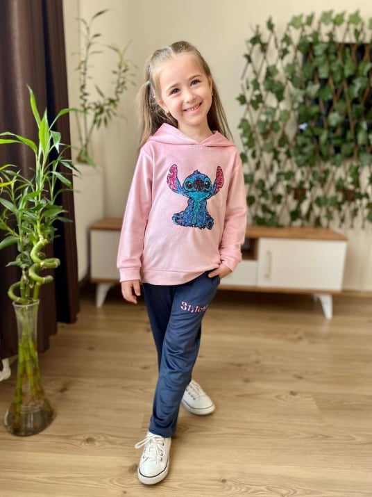 Детски комплект момиче дълъг ръкав Stitch - плюш, розов цвят