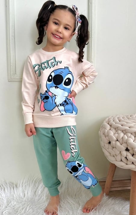 Детски комплект за момиче с дълъг ръкав Stitch, зелен цвят