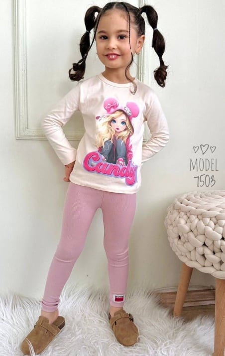 Детски комплект за момиче дълъг ръкав, в розов цвят