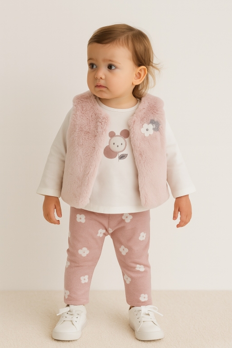 Детски комплект от 3 части с дълъг ръкав за момиче, тъмно розов цвят