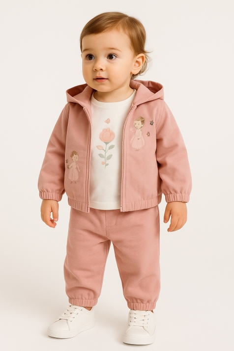 Бебешки комплект за момиче дълъг ръкав 3 части, тъмно розов цвят
