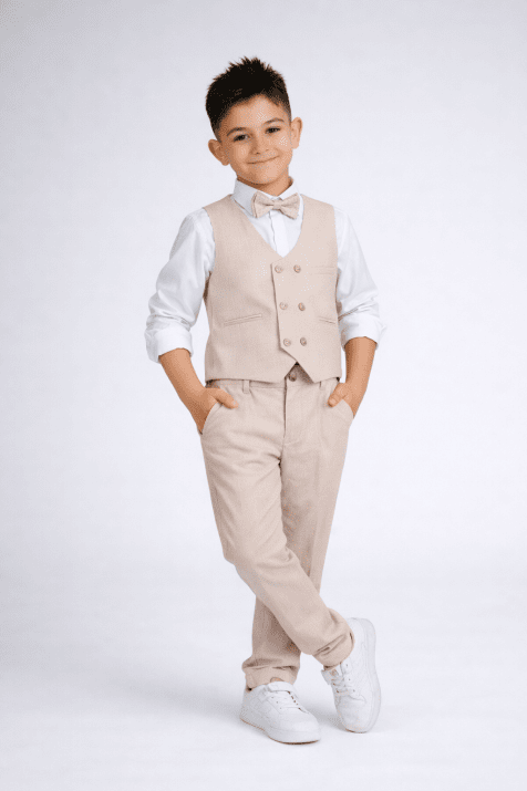Детски официален комплект за момче с дълъг ръкав, бежов цвят