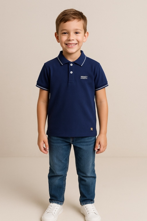 Детска тениска с яка за момче, син цвят