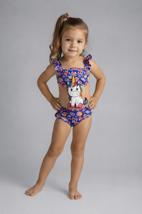 Детски бански момиче Еднорог, син цвят