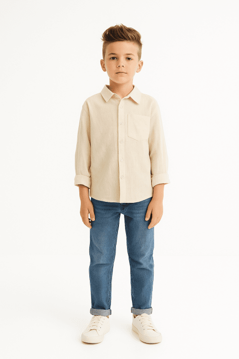 Детскa риза за момче с дълъг ръкав, бежов цвят