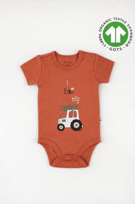 Бебешко боди органичен памук за момче къс ръкав, оранжев цвят