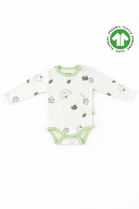 Бебешко боди органичен памук с дълъг ръкав, светло зелен цвят 