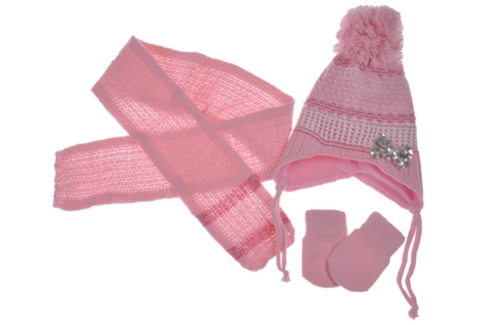 Бебешки комплект с шапка, шал и ръкавици момиче, розов цвят