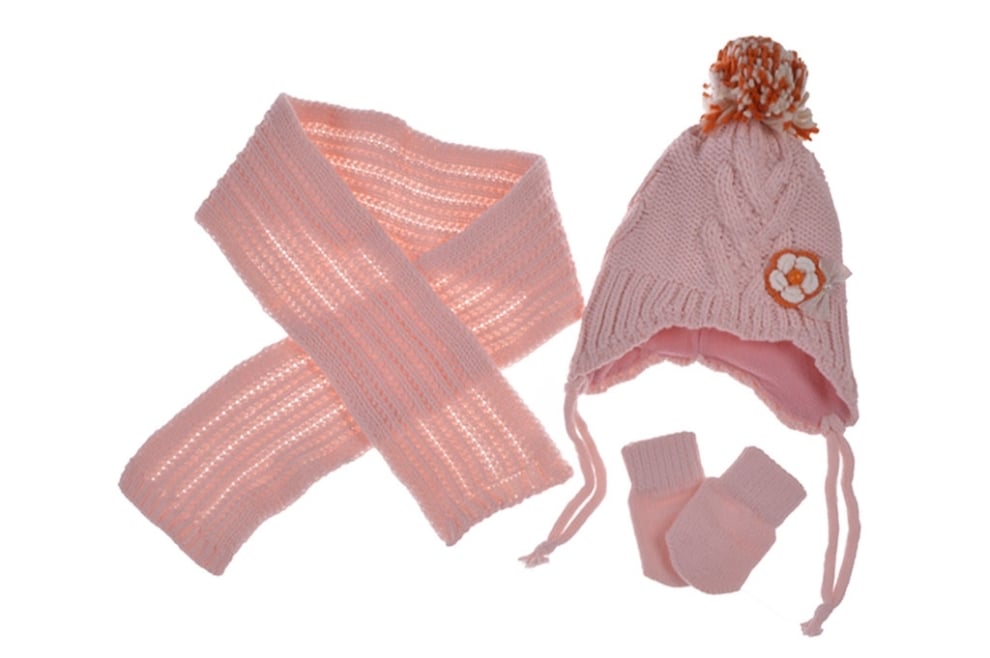 Бебешки комплект с шапка, шал и ръкавици момиче, светло розов цвят
