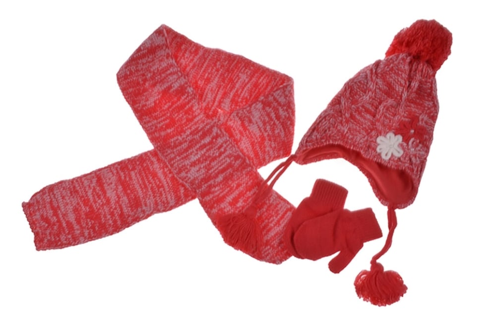 Детски комплект с шапка, шал и ръкавици момиче,  червен цвят