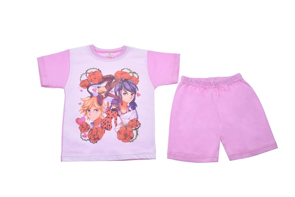 Детска пижама къс ръкав момиче, розов цвят