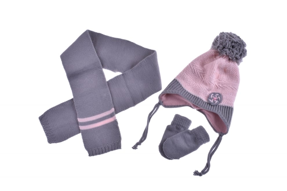 Бебешки комплект с шапка, шал и ръкавици момиче, сив цвят