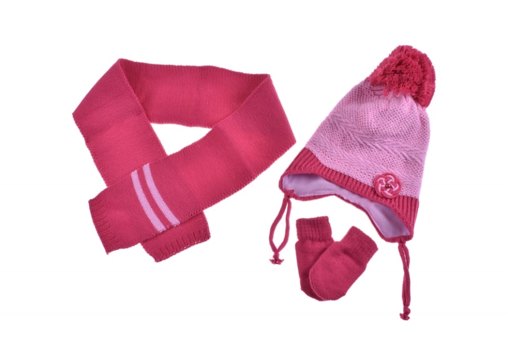 Бебешки комплект с шапка, шал и ръкавици момиче, цикламен цвят
