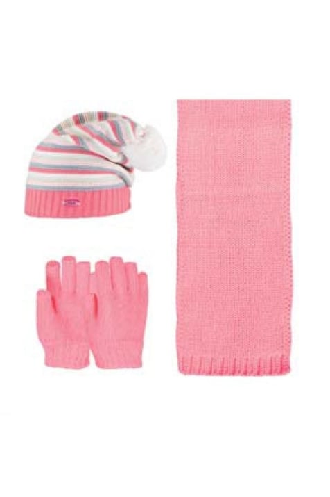 Детски комплект с шапка, шал и ръкавици момиче, цвят корал