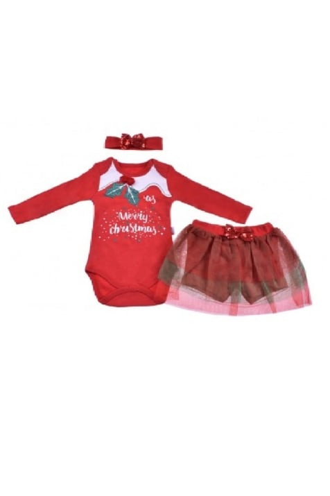 Детски комплект дълъг ръкав момиче Коледа, червен цвят