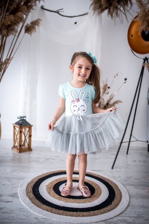 Детска рокля къс ръкав с тюл, син цвят