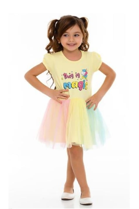 Детска рокля къс ръкав, жълт цвят