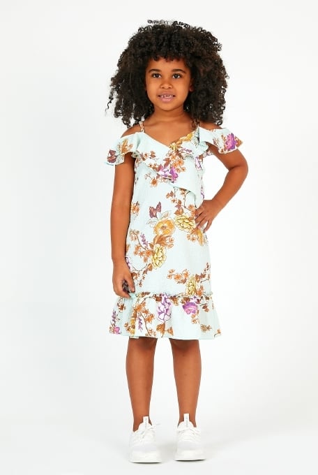 Детска рокля къс ръкав с цветя, зелен цвят