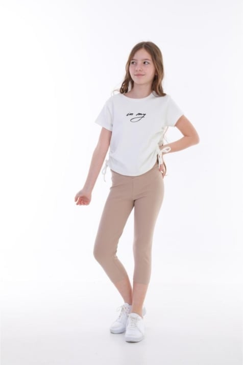 Детска тениска момиче с връзки, цвят екрю