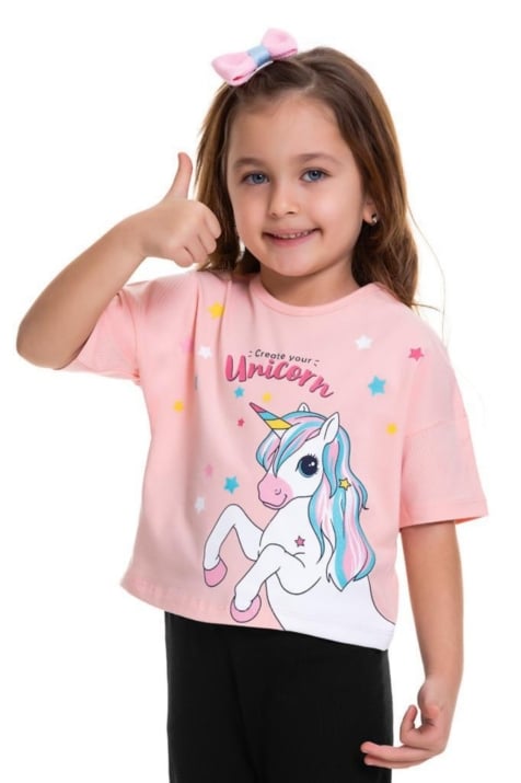 Детска тениска момиче Еднорог, светло розов цвят