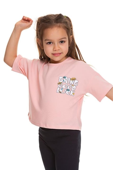 Детска тениска момиче с надпис, светло розов цвят