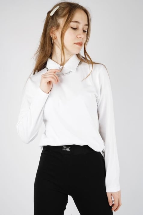 Детска блуза момиче дълъг ръкав с яка, бял цвят