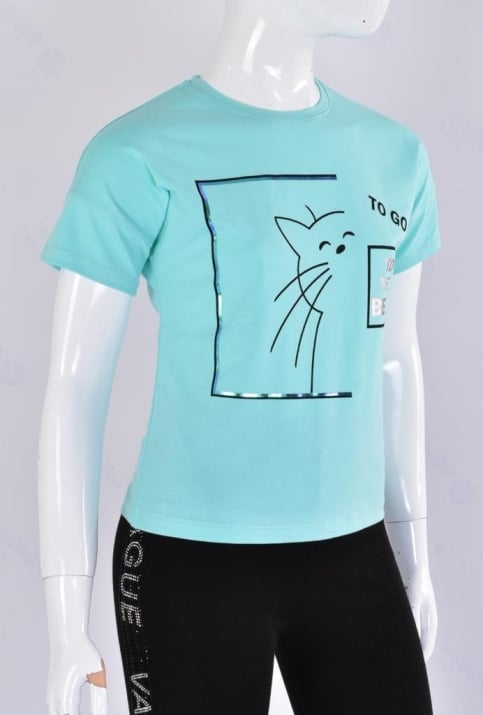 Детска тениска момиче с котка, зелен цвят