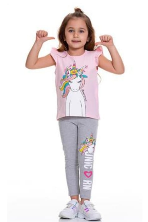 Детски комплект момиче къс ръкав с еднорог, розов цвят