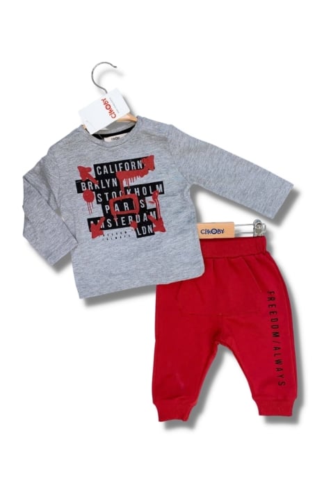 Детски комплект момче дълъг ръкав с надпис, сив цвят