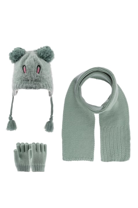 Детски комплект с шапка, шал и ръкавици момиче,зелен цвят