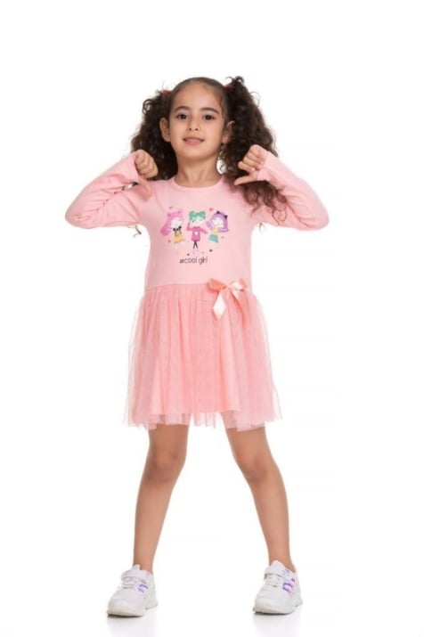 Детска рокля дълъг ръкав с момиченца, св. розов цвят 