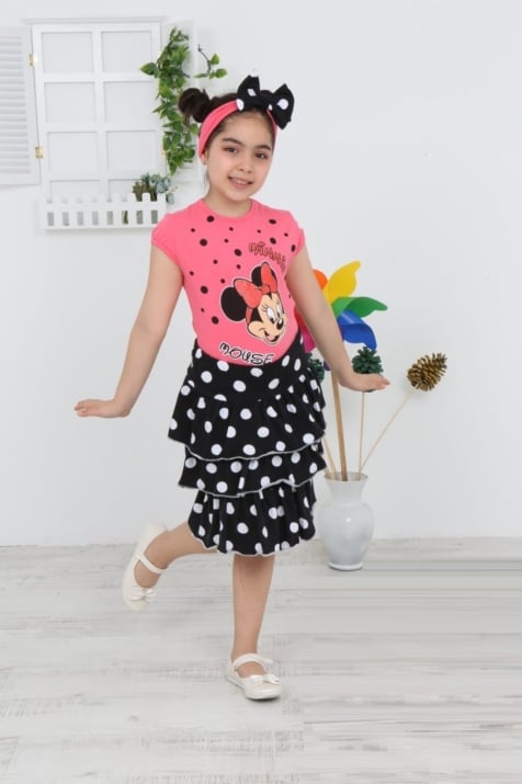 Детски комплект момиче къс ръкав Мини Маус 3 части ,цвят циклама