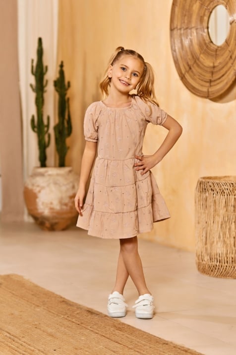 Детска рокля къс ръкав, бежов цвят