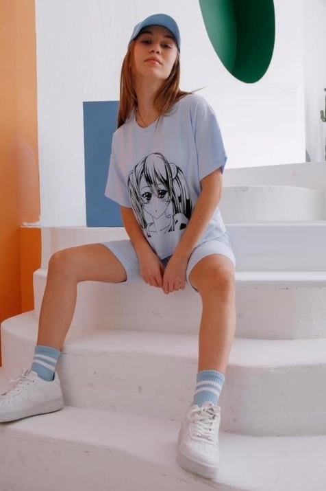 Детска тениска момиче с щампа аниме, син цвят